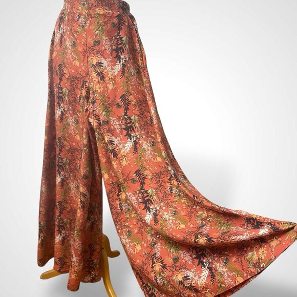 Rewash Super Flare Palazzo Pants Women Size M Orange Floral Elastic Waist Boho - Picture 1 of 8